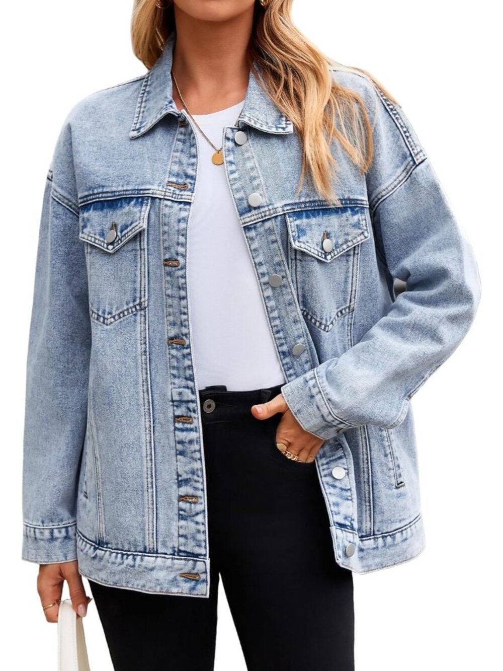 Women's Light Blue Denim Jacket Oversized Button Down Jean Long Sleeve Jacket